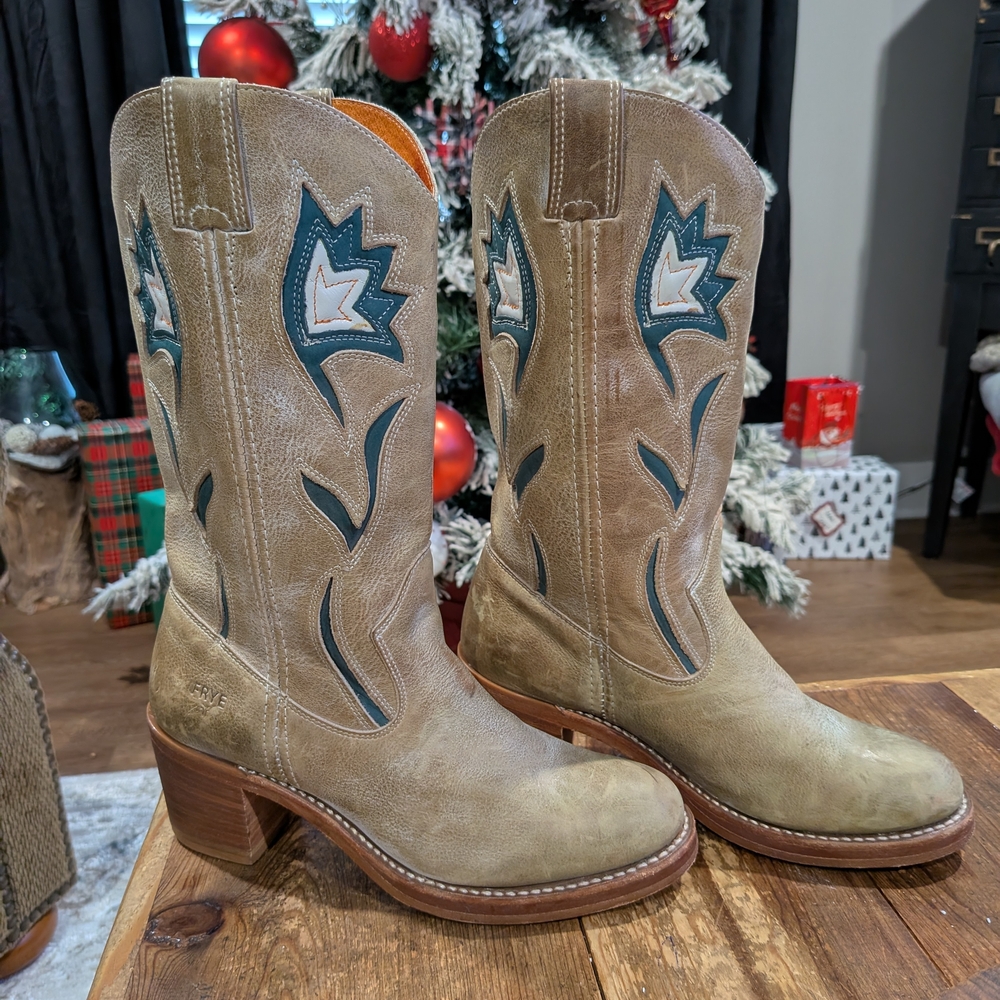 Frye Tan and Teal Heeled Boots